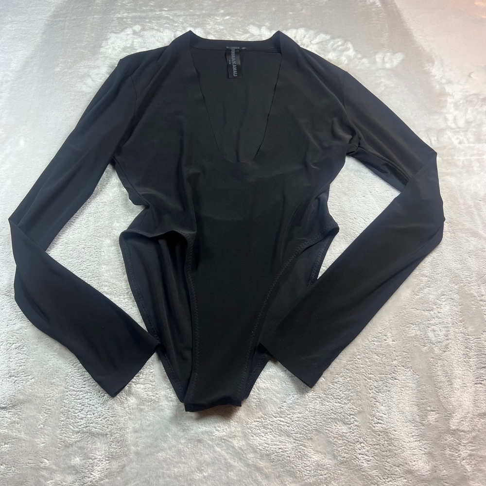 Norma Kamali Women M Bodysuit Black Deep V Neck Long Sleeve High Cut